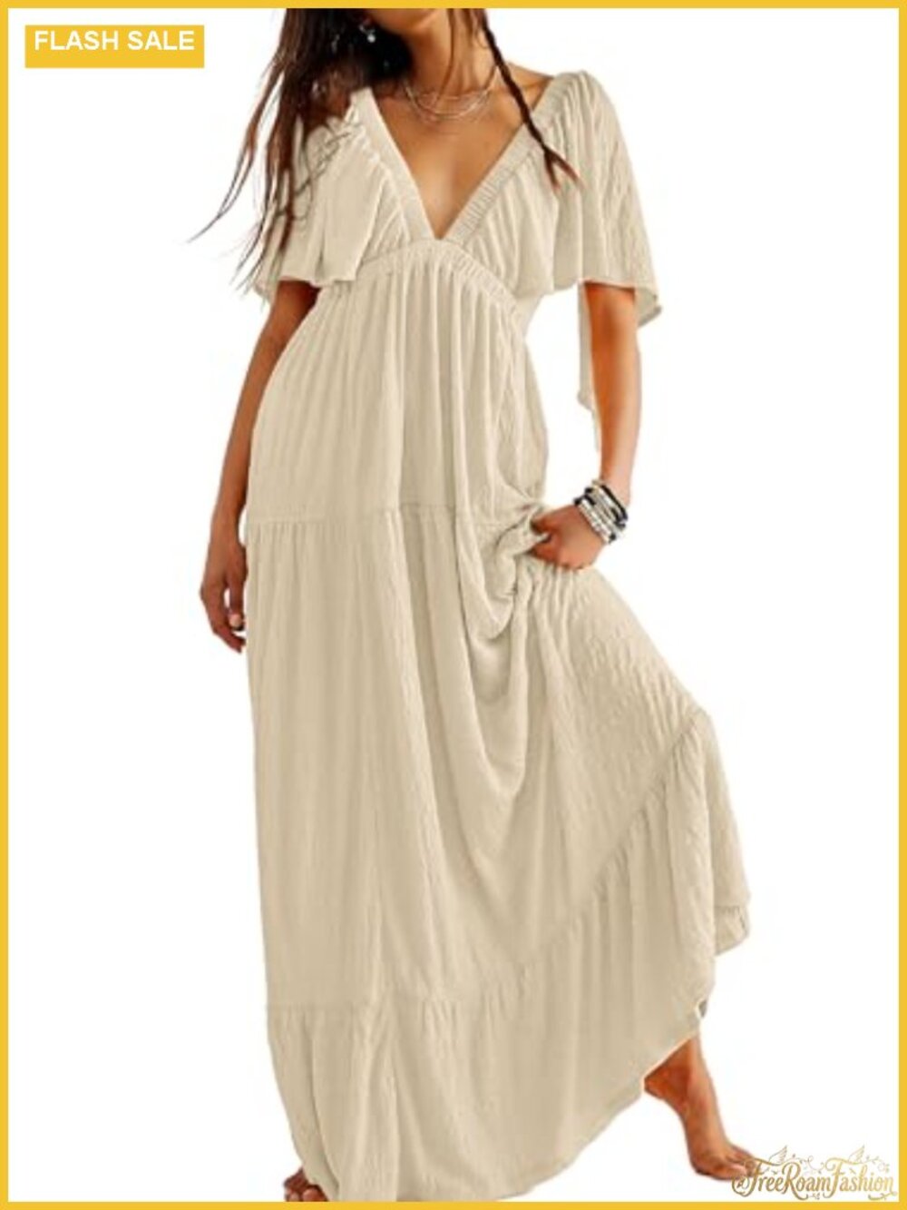 Kikibell Women's Maxi Dress V-Neck Flutter Sleeve Backless Tiered Ruffle Summer